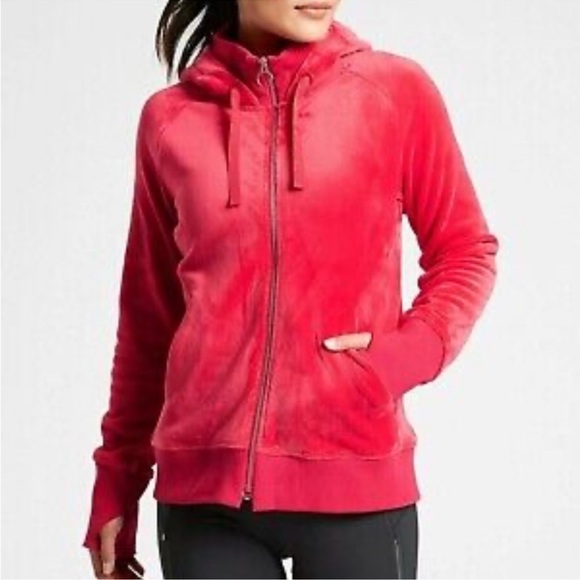 Athleta Triumph Hoodie Double Cozy Karma Hibiscus Red Velour Size XS X-Small - Picture 1 of 10
